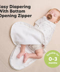 Baby in Newborn Swaddles With Zippers Three Pack Sleep Sack Set for cozy hip-healthy growth, 0-3 months, organic cotton, IHDI certified.