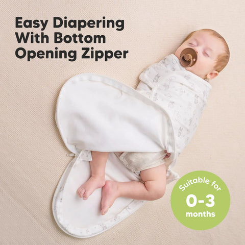 Baby in Newborn Swaddles With Zippers Three Pack Sleep Sack Set for cozy hip-healthy growth, 0-3 months, organic cotton, IHDI certified.