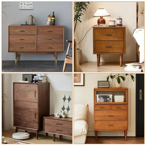 Set Of Five Sleek Solid Brass And Walnut Wood Cabinet Pulls 4.7 Inch Dresser Drawer Handles with 3.75 Inch Center Spacing on drawers