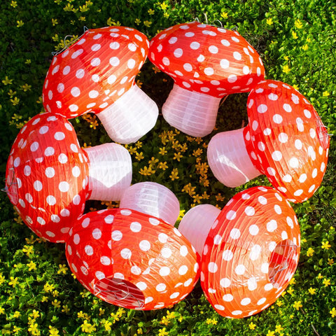 Circle arrangement of Six Pack Mushroom Paper Lanterns Set For Party Decor And Nursery Ornaments, 3D woodland style, orange-red.