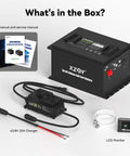 36V Golf Cart Battery With Real Time Bluetooth Monitoring And LCD Display, 4KWh LiFePO4 Pack displayed with charger and manuals