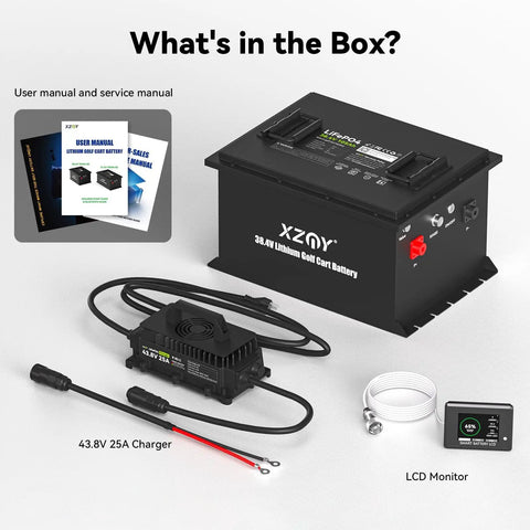 36V Golf Cart Battery With Real Time Bluetooth Monitoring And LCD Display, 4KWh LiFePO4 Pack displayed with charger and manuals