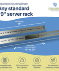 Rackmount Sliding Rails Kit For 2U To 8U Server Chassis, Adjustable Depth 18 To 25 Inches displayed on blue background.