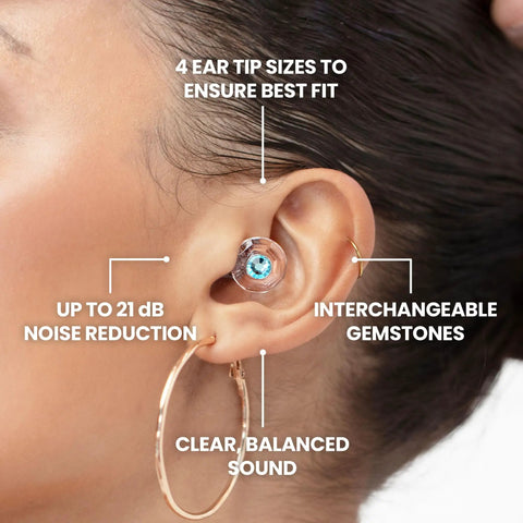 Customizable Gemstone Earplugs With 21 dB Noise Reduction showcasing clear hearing in woman's ear