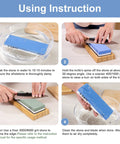 Instructional steps showing use of Knife Sharpening Stone Kit With 4-Side 400 1000 And 3000 8000 Grits on wood base.