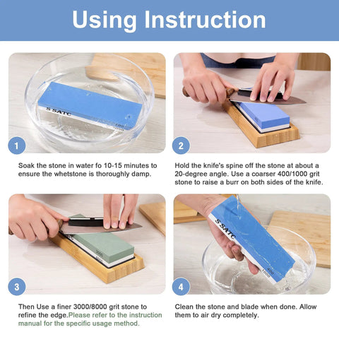 Instructional steps showing use of Knife Sharpening Stone Kit With 4-Side 400 1000 And 3000 8000 Grits on wood base.