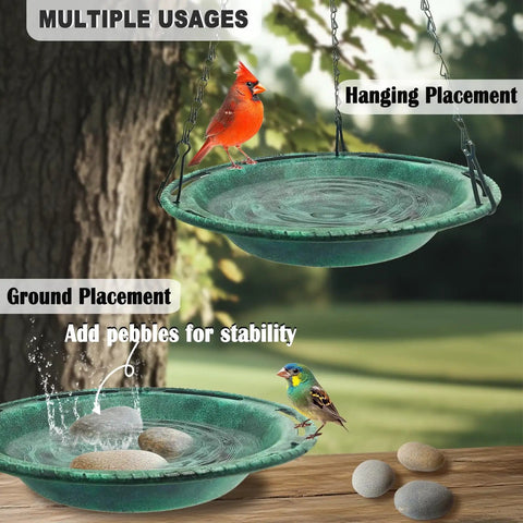 Hanging Bird Bath And Feeder Bowl For Outdoors 12 Inch with chains, weather-resistant PP, antique green, dual water dish or feeder
