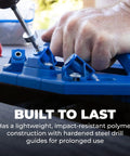 Close-up of Deck Jig for precise concealed deck screw installation showing drill guides and hand alignment.
