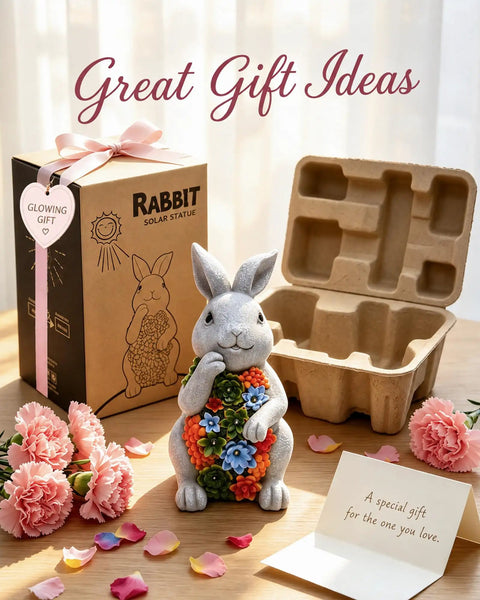 Solar Garden Bunny Statue With Succulent And Seven LED Lights Lawn Decor For Patio Balcony And Yard Best Gift For Mom Grandma Women Weather Resistant Durable Outdoor Decor in gift packaging with flowers and card.