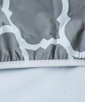 Close-up of Round Outdoor Tablecloth With Umbrella Hole And Elastic Edge For 40 To 44 Inch Vinyl PVC Cover showing grey Moroccan pattern.