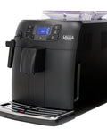 Black Espresso Machine With 54 Oz Tank And Ceramic Burr Grinder Delivering Barista Level Brews At Home with transparent bean hopper.