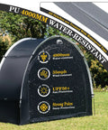 Outdoor Bike Storage Shed Tent For 2 To 8 Bikes featuring waterproof PU4000 Oxford fabric, shown with water droplets and strong poles.