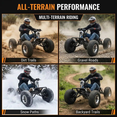 Electric Off Road Go Kart For Teens And Adults With Peak 4000W Brushless Power racing on diverse terrains.