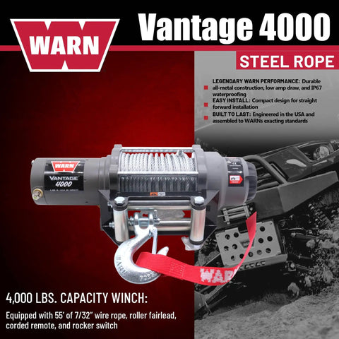 Vantage 4000 12V DC Electric Winch for ATV UTV Side By Side With 55 Ft Aircraft Grade Wire Rope And Roller Fairlead For Off Road Recovery And Heavy Duty Tasks, steel rope