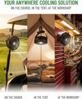 8 Inch Magnetic Golf Cart Fan With Heavy Duty Strap And 12000mAh Battery in use on golf cart, tent, and workshop.