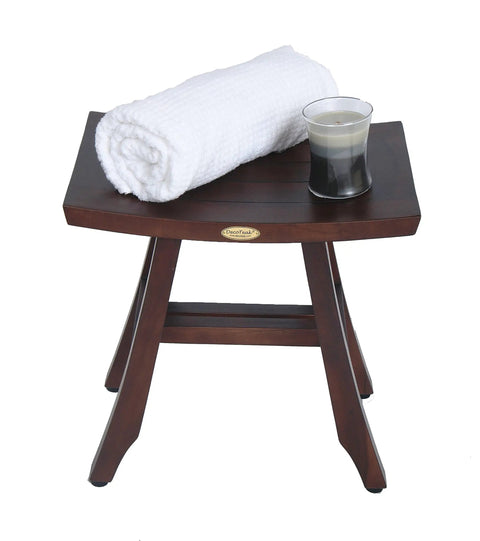 Teak shower bench 18 inch waterproof wooden seat for inside showers with non slip feet and curved design, spa quality
