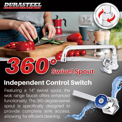 Wall Mounted Commercial Kitchen Wok Range Faucet With 14 Inch Swivel Spout Brass Construction Chrome Polished Finish Single Hole Body And Handle Built Tough For Heavy Duty Use In Busy Kitchens, shown with swivel spout feature in busy kitchen environment with vegetables.