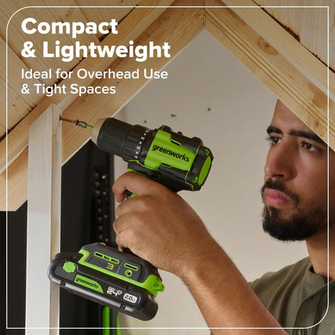 Man using Cordless Brushless Drill And Impact Driver Combo With 400 Inch Pounds And 1950 Inch Pounds Torque 24V Lightweight Workhorse in attic space