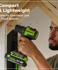 Rugged 24 Volt Cordless Tool Combo Featuring Drill And Impact Driver Plus Circular Saw And Multi Tool Includes Dual High Capacity Batteries Quick Charge Adapter And Mobile Power Bank For Hardcore Shop Beasts And Pro Crews, lightweight drill being used overhead.