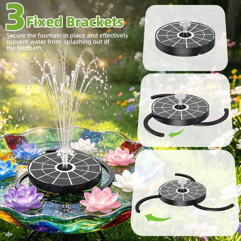 3.7W Solar Bird Bath Fountain Pump With 7.1 Inch Spray Height No Fuss Solar Powered Water Fountain For Garden Ponds Pool Fish Tanks Aquariums And Outdoor Use on bird bath surrounded by flowers and fixed brackets