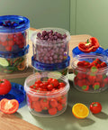 6 Pack 16 Oz Freezer Safe Airtight Plastic Food Storage Containers With Twist Top Lids filled with assorted fruits and veggies