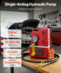 Electric Hydraulic Pump Power Pack 750W 10000 PSI 120V for auto shop, red unit with gauge on workbench