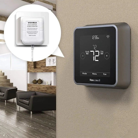 Honeywell thermostat on wall with AC 24 Volt Transformer And C Wire Adapter For Ring Doorbell And Smart Thermostats, Works With Ecobee Sensi Honeywell Nest, 315 Inch Cable