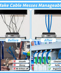 Before and after of Blue Split Wire Loom Tubing Half Inch 250 Ft Auto Marine Wire Protector Kit organizing cables.