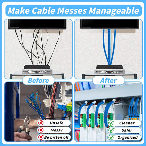 Before and after of Blue Split Wire Loom Tubing Half Inch 250 Ft Auto Marine Wire Protector Kit organizing cables.