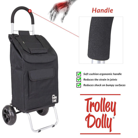 Trolley Dolly Foldable Shopping Cart With Oversize All Terrain Wheels Removable Bag With Seven Pockets Rubber Grip Handle
