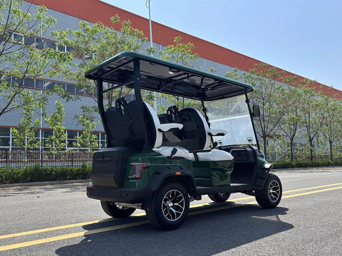 Green Four Seater Electric Golf Cart Patrol Cart featuring smooth independent suspension, comfy bolted down seats, and LED lights.