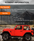 Vehicle fitment information for Hyundai Elantra 2011-2012 and Kia Forte 2014-2018 with red SUV in mountain backdrop.