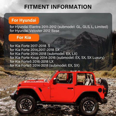 Vehicle fitment information for Hyundai Elantra 2011-2012 and Kia Forte 2014-2018 with red SUV in mountain backdrop.
