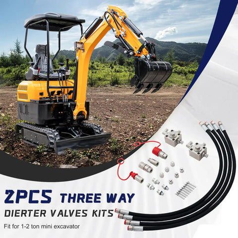 Two Pack 3 Way Hydraulic Diverter Valve Kit For 1 To 2 Ton Mini Excavators With 31 Inch Hoses Quick Connectors