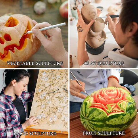 People using Ultimate 38 Piece Precision Craft Hobby Knife Set for vegetable, clay, wood, and fruit sculpture projects.