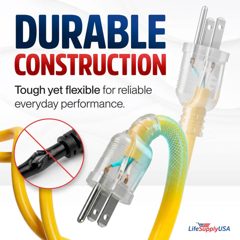 100Ft Outdoor Indoor Extension Cord 3 Outlet Heavy Duty 12 Gauge 3 Conductor SJTW Waterproof Flexible Cold Weather Power Cord 15A 125V 1875W Yellow For Home Garage DIY Jobs, durable yellow cord with plug