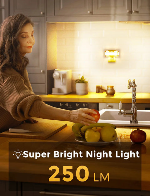 Woman in kitchen with Bright LED Night Light With Dusk To Dawn Sensor For A No Brainer Plug In Wall Night Light Dimmable 0 To 250LM 2W Soft White
