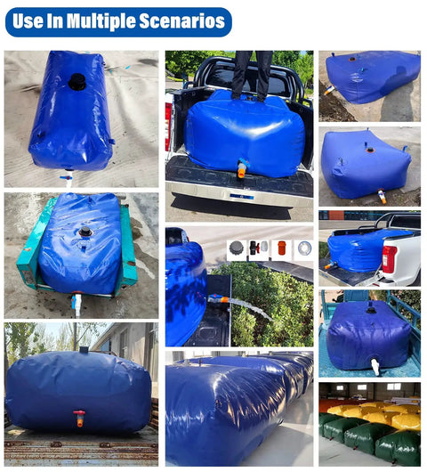 Foldable Soft PVC Water Storage Bag With Spout used for camping; blue bladder in multiple scenarios, includes hose and faucet