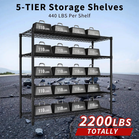 Badass Heavy Duty Adjustable Metal Wire Shelving Unit with Reinforced Carbon Steel Grid and V Brace Support for Garage or Pantry High Capacity Rack Holds 440 Pounds Per Shelf with weights.