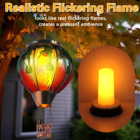 2 Pcs Glass Hot Air Balloon Solar Lanterns With Flickering Flame Hummingbird Design For Outdoor Garden Decor on tree