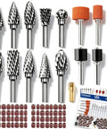 Hard Hitting Carbide Rotary Burr Kit With Tungsten Steel Double Cut Bits and Premium Aluminum Oxide Sanding Bands arranged neatly.