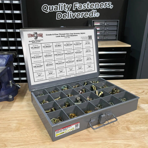 Tough As Nails Grade 8 Fine Thread Hex Cap Screws With Nylon Nylok Lock Nuts And SAE Washers 574 Piece Steel Assortment Kit open display.