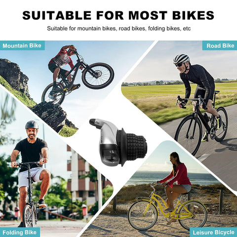 8 Speed Thumb Activated Bike Gear Shifter Lever for mountain road and racing bikes shown with different bike types