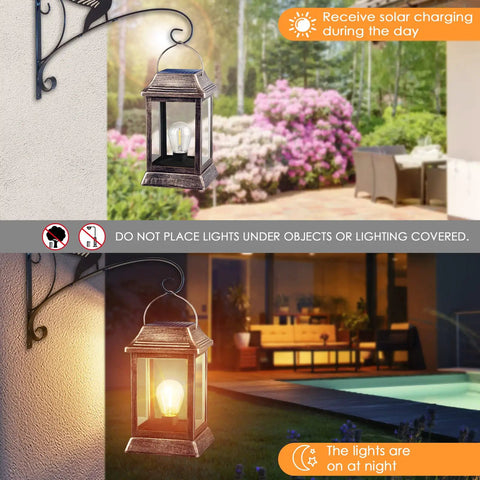 Retro Bronze Metal Solar Lanterns Outdoor Lights Pack Of 2 hanging outside during day and glowing at night, LED filament bulb
