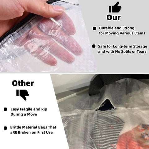 25 Gallon Clear Storage Bags With Zipper And Handles comparison showing hand through durable material and torn inferior bag