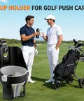 Golfers using Heavy Duty Golf Push Cart Cup Holder With Super Large Capacity, fits up to 40oz bottle, on golf course.