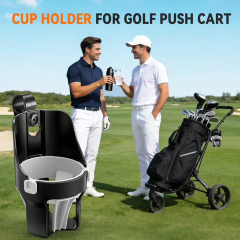 Golfers using Heavy Duty Golf Push Cart Cup Holder With Super Large Capacity, fits up to 40oz bottle, on golf course.