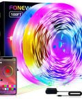 Bluetooth LED Strip Lights 100 Ft With Music Sync, App and Remote Control displayed with packaging and phone app.