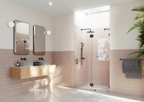 Frameless Shower Door Hinge With Enduroshield Glass Coating For 78 Inch Glass Enclosures In Polished Brass Finish on black shower door