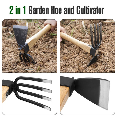 Two In One Garden Hoe And Cultivator For Weeding And Planting, Japanese Style Hand Tool with sharp blade and prong tiller